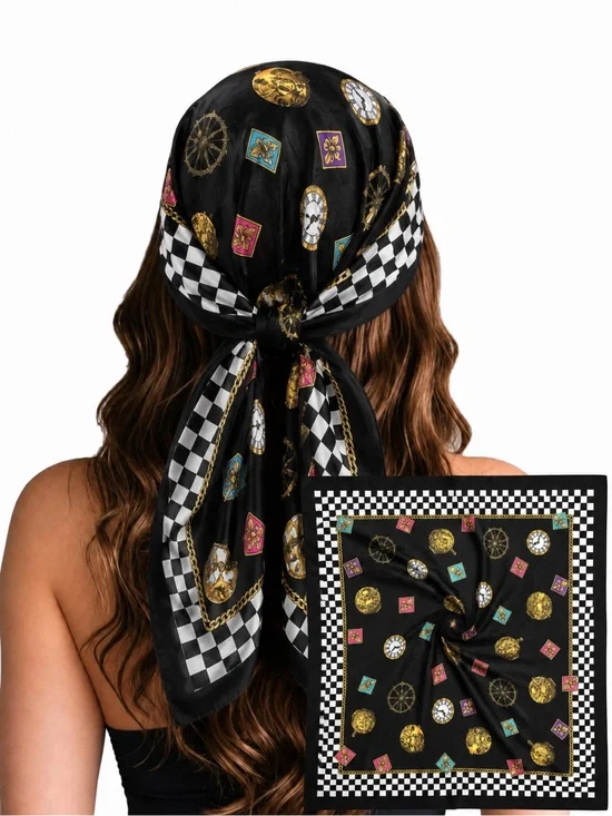 Black Decorative Silk-Feel Headscarf with Checkerboard Trim