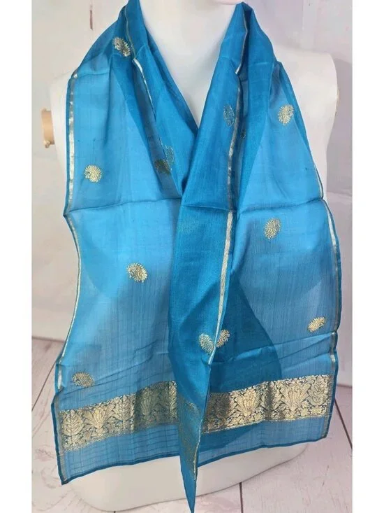 Hand Woven 100% Pure Silk TOURQOUISE GOLD Made in India Saree Scarf @ 45