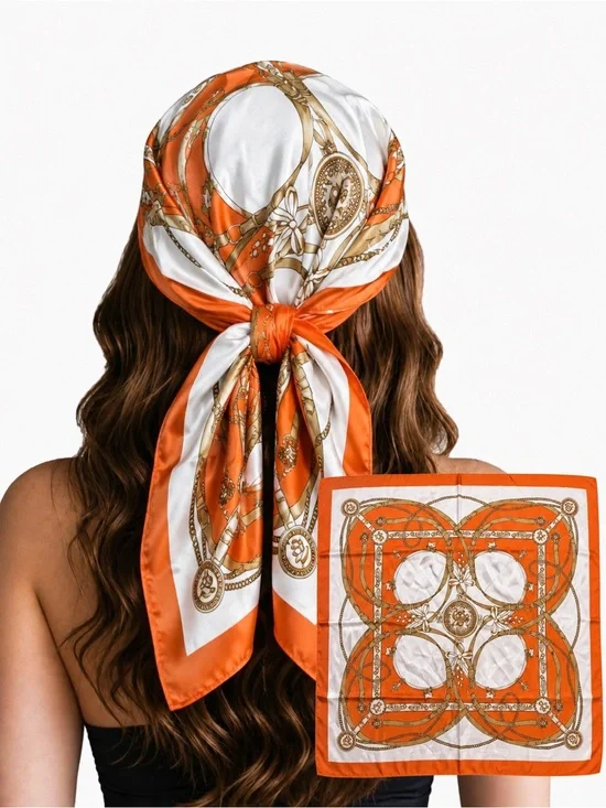 Silky Orange and White Printed Square Scarf - Elegant Chain Motif