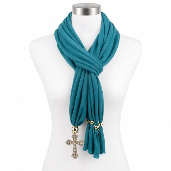 Teal Jewelry Scarf Rhinestone Cross Charm Tassel Necklace Scarf Statement OS