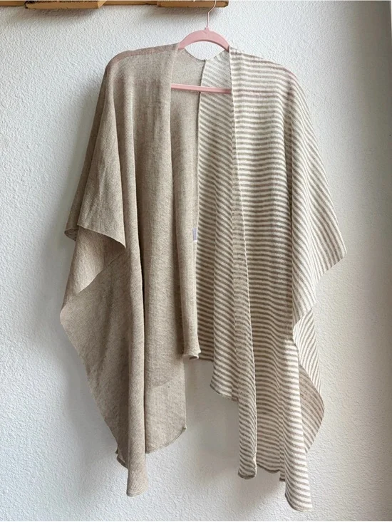 Tan Half Striped Knit Linen Ruana Wrap OS