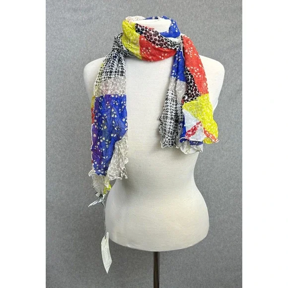 Chalet et ceci Cha Pat Scarf Red Blue Yellow Patchwork Sheer Mesh Crinkle NEW