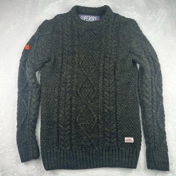 Superdry Mens Cable Knit Fisherman Sweater Olive Green Crewneck NE002 Size Large