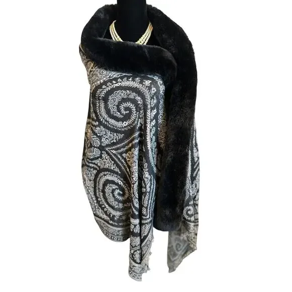 Paisley Pashmina Wrap Faux Fur Collar Black Fringe