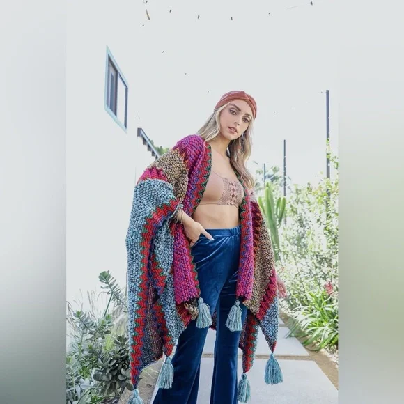 Colorful Magenta Western Boho Knit Tassel Kimono