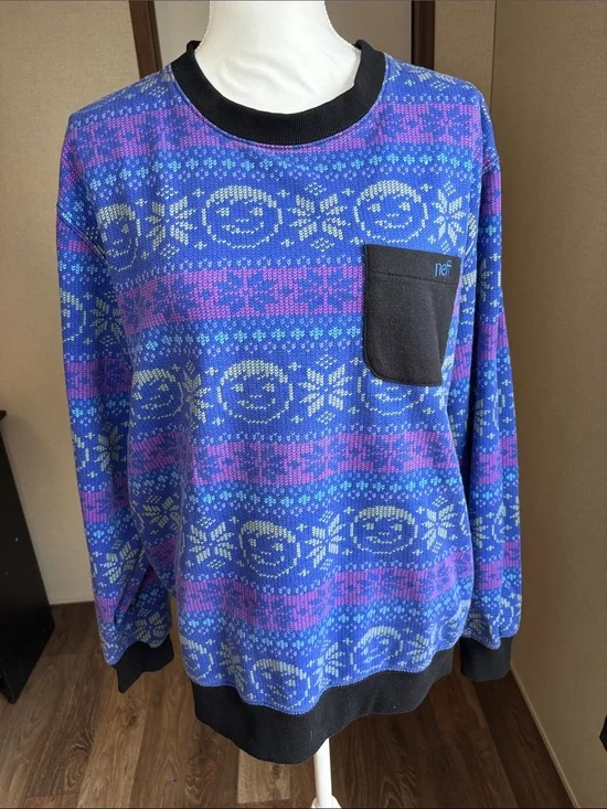 Neff Blue Fair Isle Crewneck Sweatshirt Front Pocket Streetwear Ski Medium