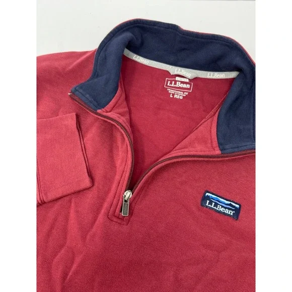 L.L Bean Mens Sz Large Traditional Fit Red 1/4 Zip Pullover Long-Sleeve Top L9