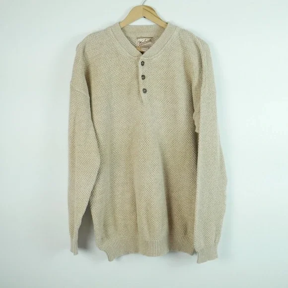 Vintage Woolrich XL Beige Cotton Blend Henley Sweater Chunky Knit Y2K Fisherman
