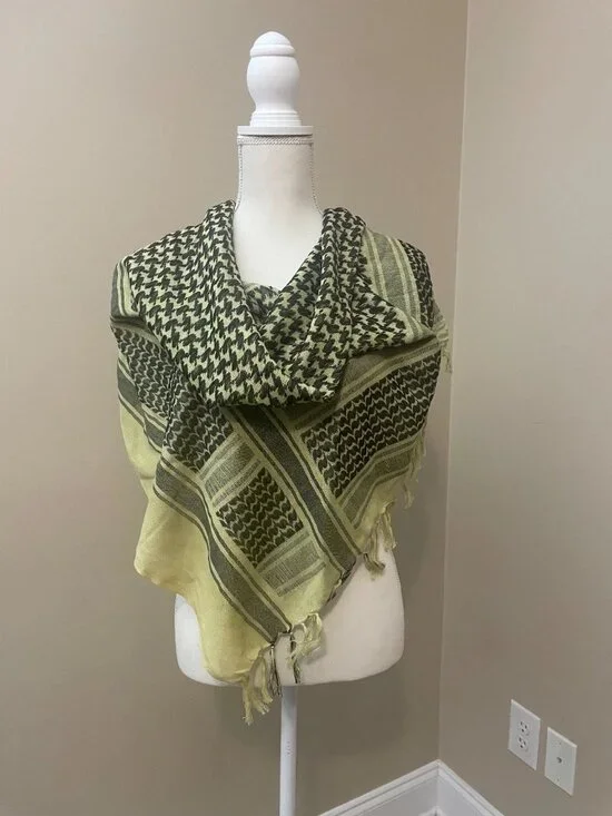 Large Keffiyeh Shemagh Scarf Beige Black Tassel Head Wrap Boho Arabian Style