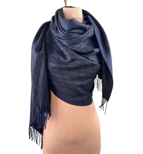 DIOR Oblique Navy Black Double-Sided Scarf Cashmere Fringed Edges Around Neck
