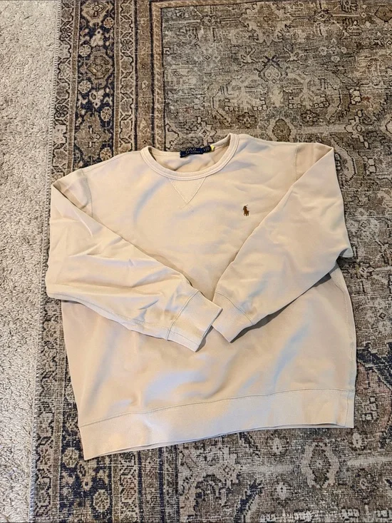 Ralph Lauren Men's Cream Crewneck Sweatshirt with Gold Pony