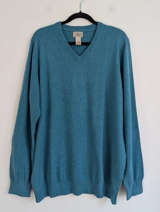 L.L. Bean Men's Teal V-Neck Cotton Cashmere Blend Pullover Sweater XL Tall
