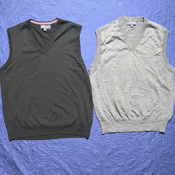 Brooks Brothers Mens Merino Wool V-Neck Sweater Vest Lot Black Gray Large 2pc