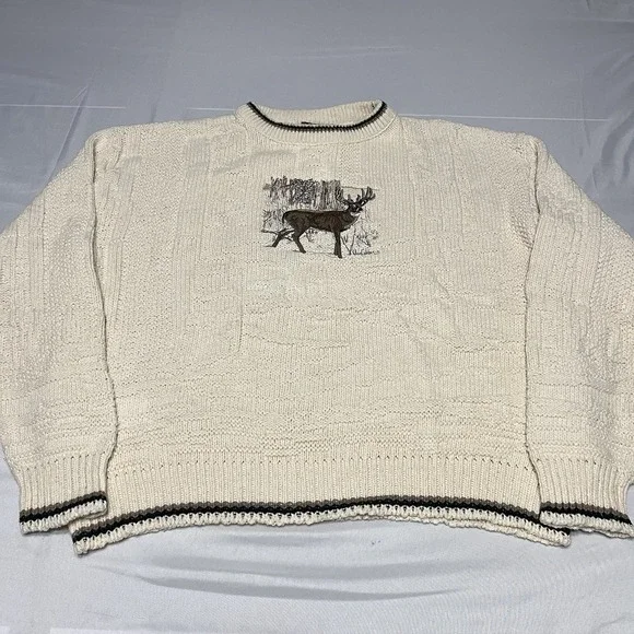 Vintage 90s Deer Embroidered Knit Sweater Mens XL Cream USA Made Cottage Cabin