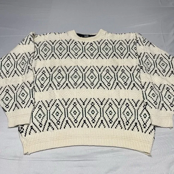 Vintage Geometric Knit Sweater Mens XL Crewneck Grandpa Cotton Hand Knit USA