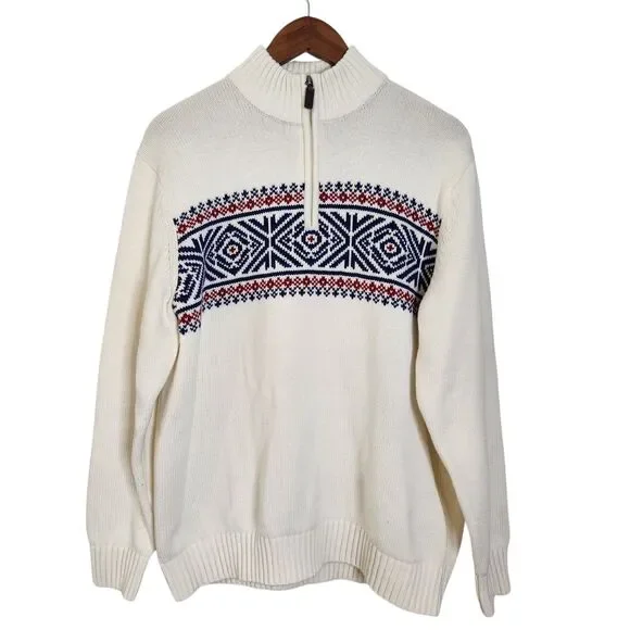 Izod Mens L Knit 1/4 Zip Sweater Ski Lodge Fair Isle Nordic Ivory Navy Red