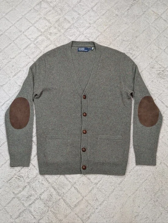 Polo Ralph Lauren Sweater Mens S Green Wool Cashmere Cardigan Suede Elbow Pads