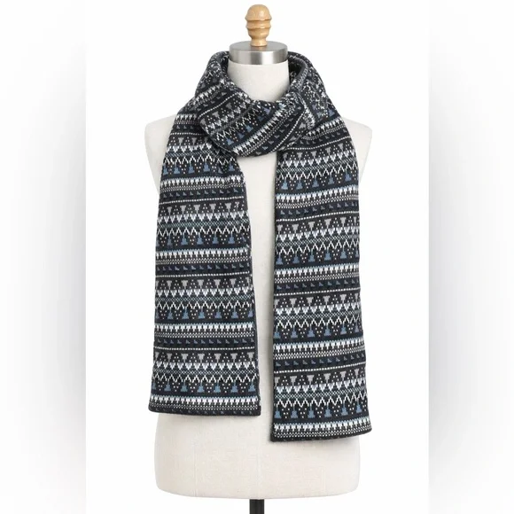 Fair Isle Knit Scarf Blue Gray Nordic Winter Cozy Reversible Soft OS