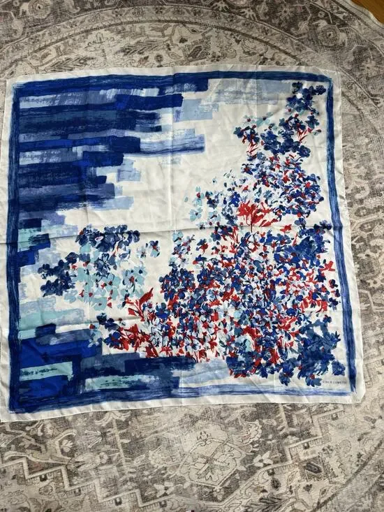 Vince Camuto 100% Silk Scarf 34 inches Square Floral Abstract Blue White Red