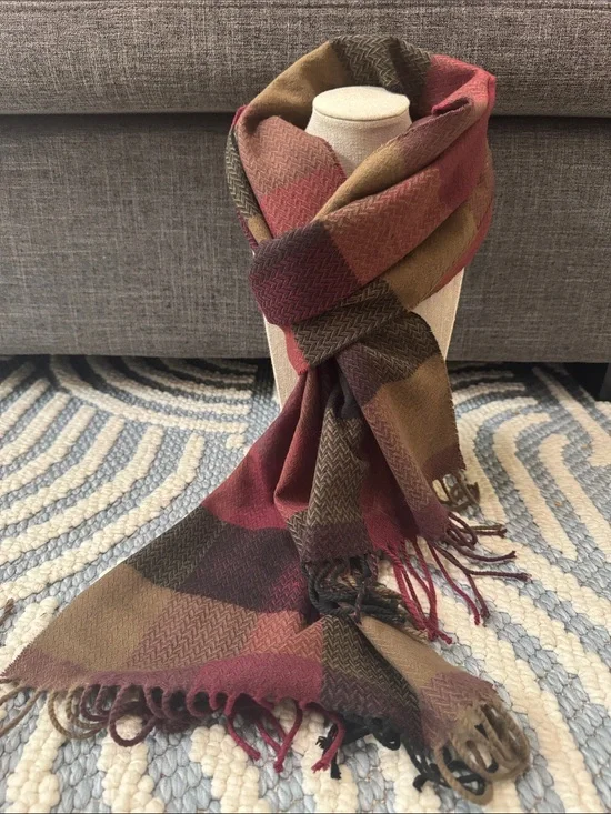Vintage 100% Cashmere Scarf Made in Scotland Plaid Burgundy Brown Fringe Unisex