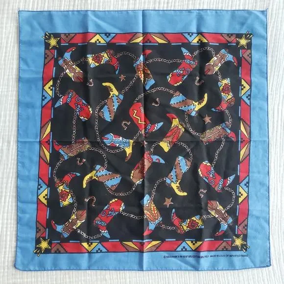 Vtg 80s Bandana Cowboy Boots Western American Blue Red Yellow Western Square