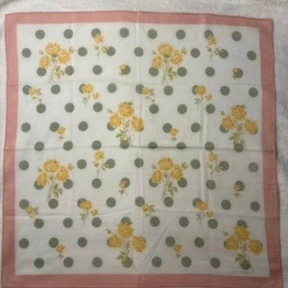Vtg CALVIN KLEIN Scarf Handkerchief Floral Polka Dot Pink White Yellow 18