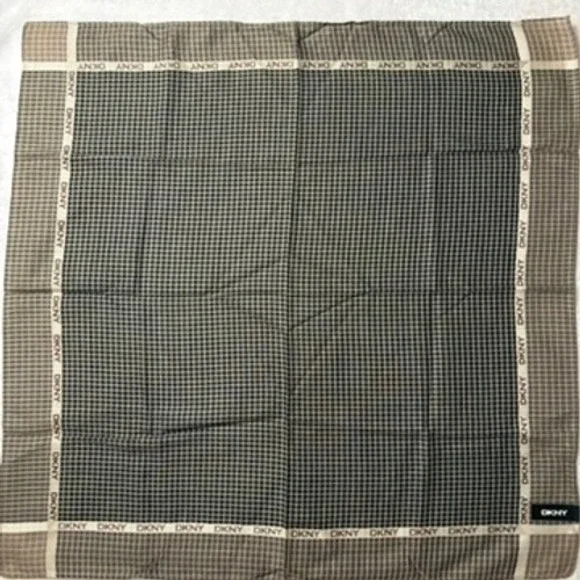 Vtg DKNY Scarf Handkerchief Grid Check Cotton Brown Black 18