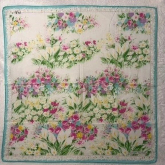 Vtg GIANNI VALENTINO Scarf Handkerchief Floral White Pink 16.5