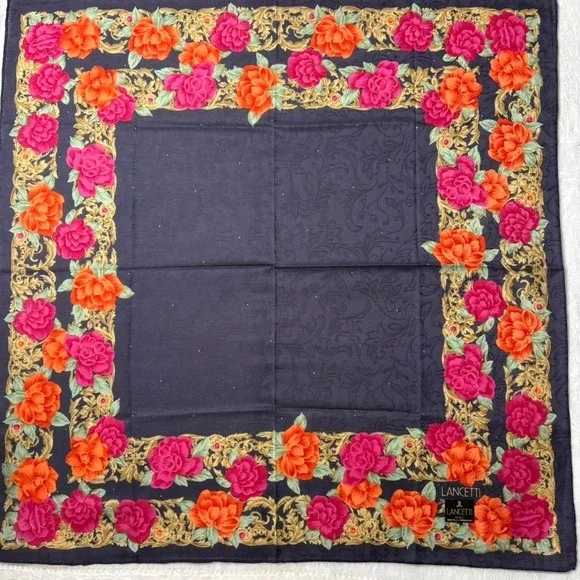 Vtg LANCETTI Scarf Handkerchief Floral Rose Cotton Navy Blue 20.5