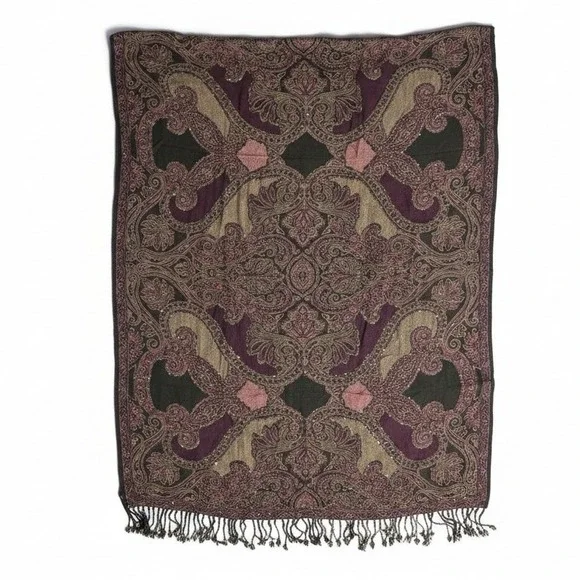 Purple Paisley Sequin Pashmina Shawl Scarf Fringe Wrap Plum Olive Black, Women's