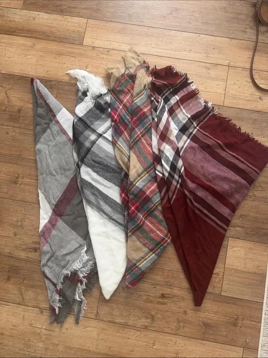 Cozy Plaid Fringe blanket scarf - Burgundy, Gray, Cream, Multi