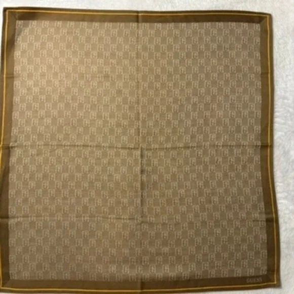 Vtg GUESS Scarf Handkerchief Monogram Logo Print Brown Tan 17.5