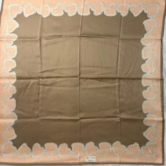 Vtg YVES SAINT LAURENT Scarf Handkerchief Heart Motif Cotton Tan Pink 19.5