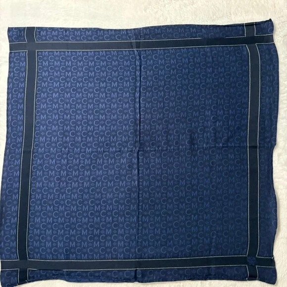 Vtg MCM Scarf Handkerchief Monogram Navy Blue Brown Gray 18