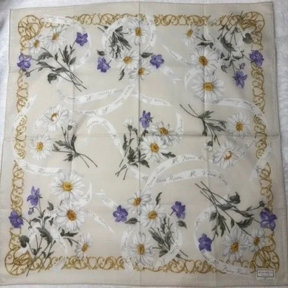 Vtg NINA RICCI Scarf Handkerchief Floral Daisy Cotton Cream 19.5