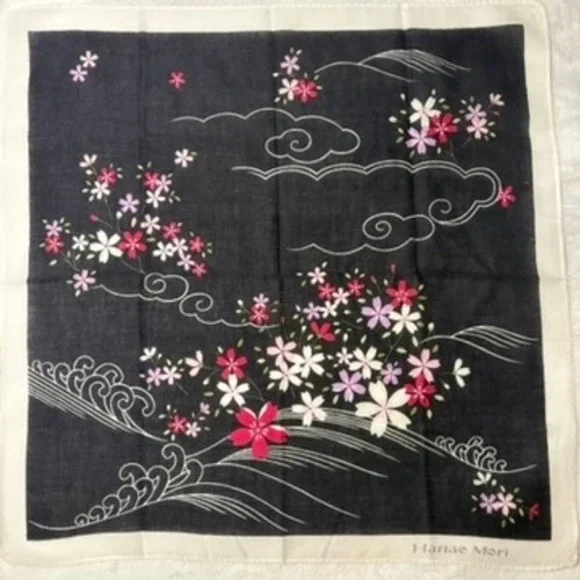 Vtg HANAE MORI Scarf Handkerchief Cherry Blossom Navy Pink 16
