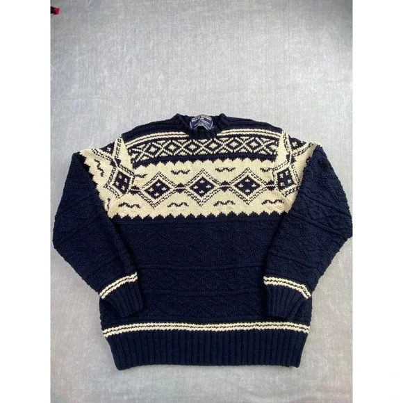 Vintage Polo Sport Sportsman Ralph Lauren Hand Knit Fair Isle Sweater Navy L