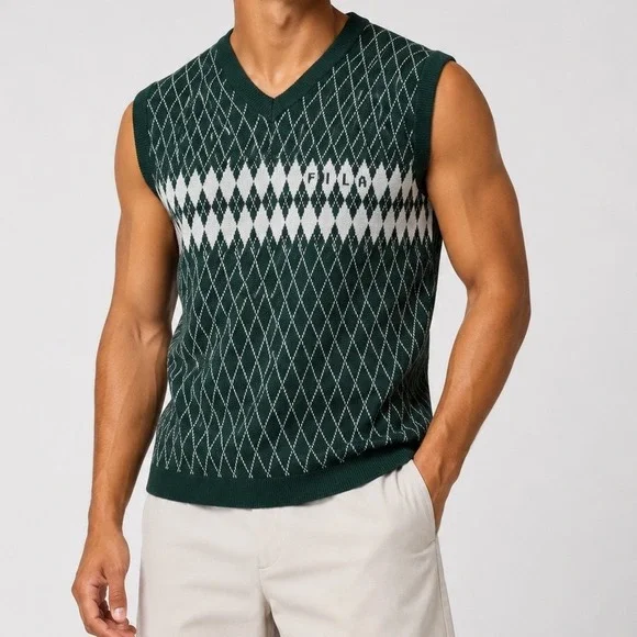 Fila‎ Mens XL Argyle Sweater Vest Forest Green White V-Neck Knit Cotton Blend