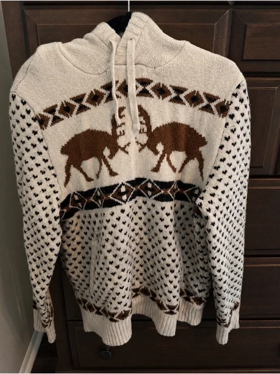 American Eagle Outfitters Cream and Brown Reindeer Hooded Sweater