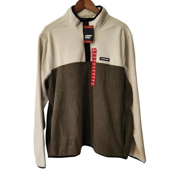 NWT Lands End Mens 1/4 Snap Fleece Pullover Beige & Green Colorblock Pockets XL
