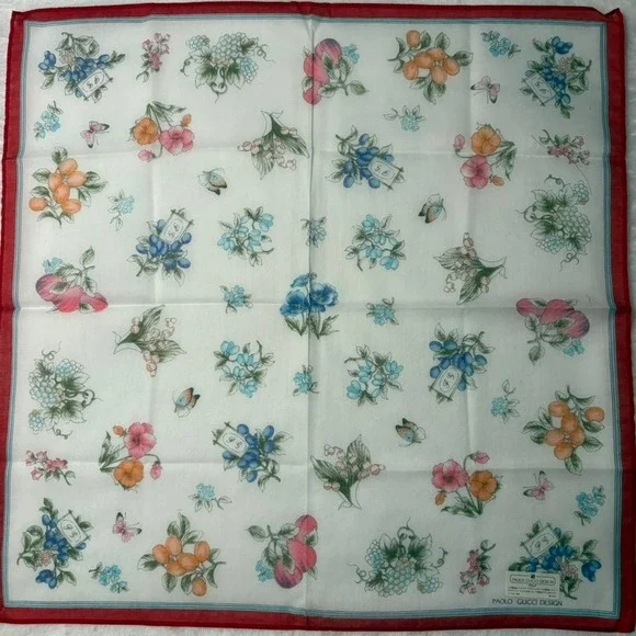 Vtg PAOLO GUCCI DESIGN Scarf Handkerchief Floral Fruit Cotton White Red 16.5