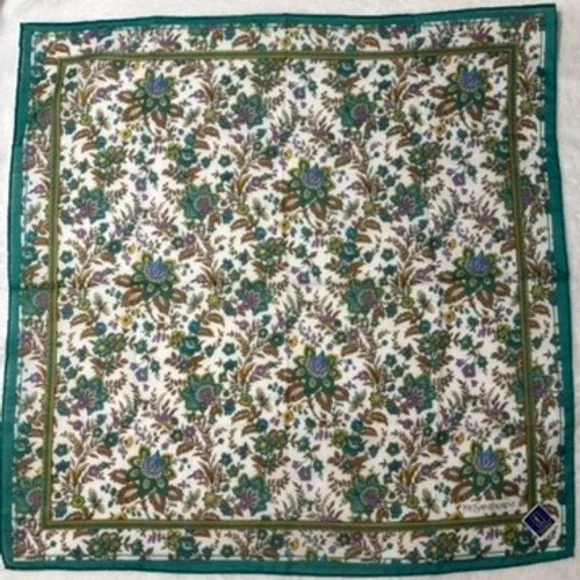 Vtg YVES SAINT LAURENT Scarf Handkerchief Floral Cotton Teal White 18.5