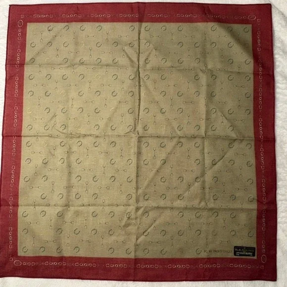 Vtg PAOLO GUCCI Scarf Handkerchief Equestrian Cotton Tan Burgundy 18