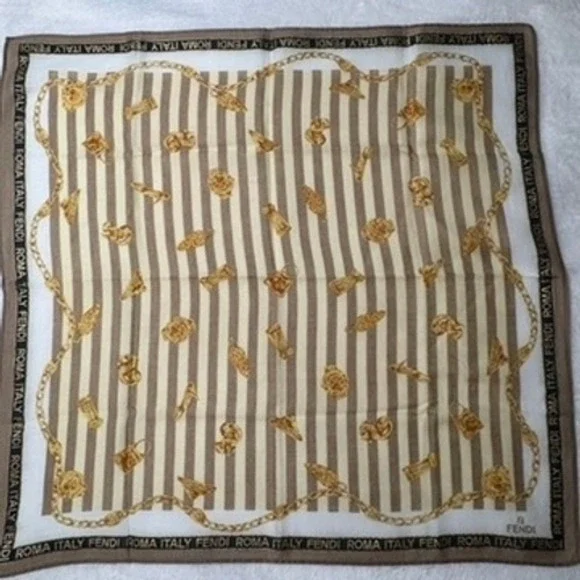 Vtg FENDI Scarf Handkerchief Striped Brown Cream Gold 17.5