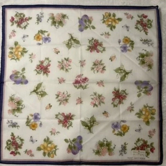 Vtg PAOLO GUCCI DESIGN Scarf Handkerchief Floral Cotton White Navy 16.5