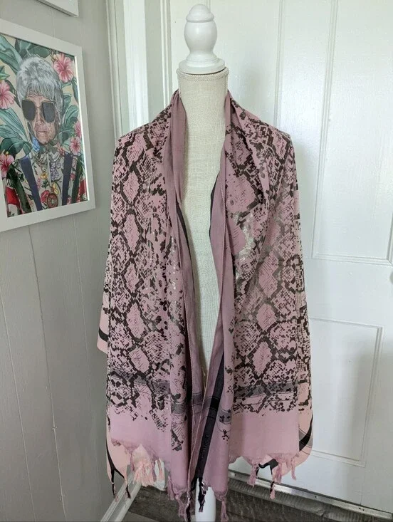 Leigh Luca PinkSnake Print Scarf Shawl Cotton Silk Fringe Edge Wrap Rectangle