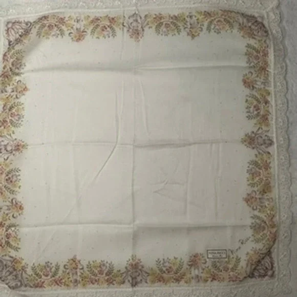 Vtg NINA RICCI Scarf Handkerchief Floral Lace Cotton White 17