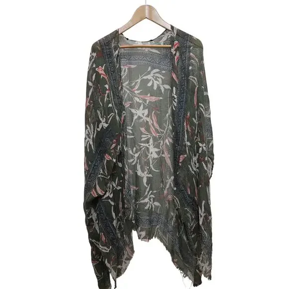American Eagle Floral Burnout Mesh Kimono Cardigan in Olive Green