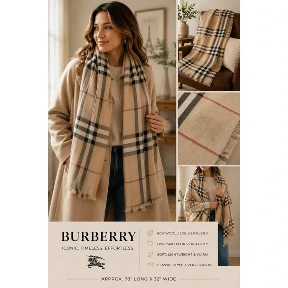Burberry Nova Check Oversized Wool Silk Scarf Shawl 80% Wool 20% Silk Italy