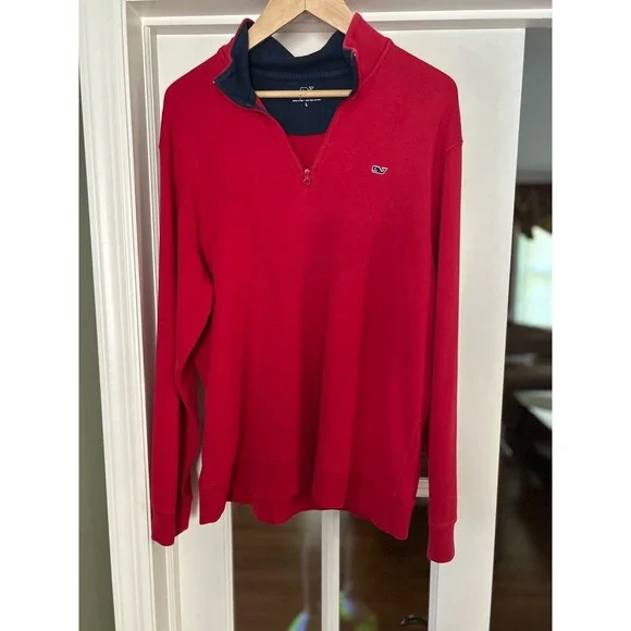 Mens Vineyard Vines 1/4 Zip pullover Red & Navy Large Pima Cotton